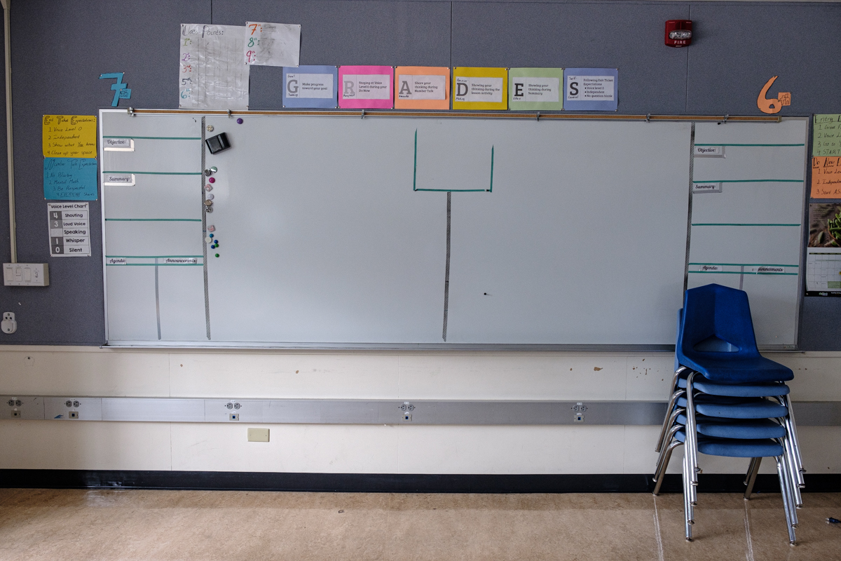 blank whiteboard and chairs stacked up at front of classroom