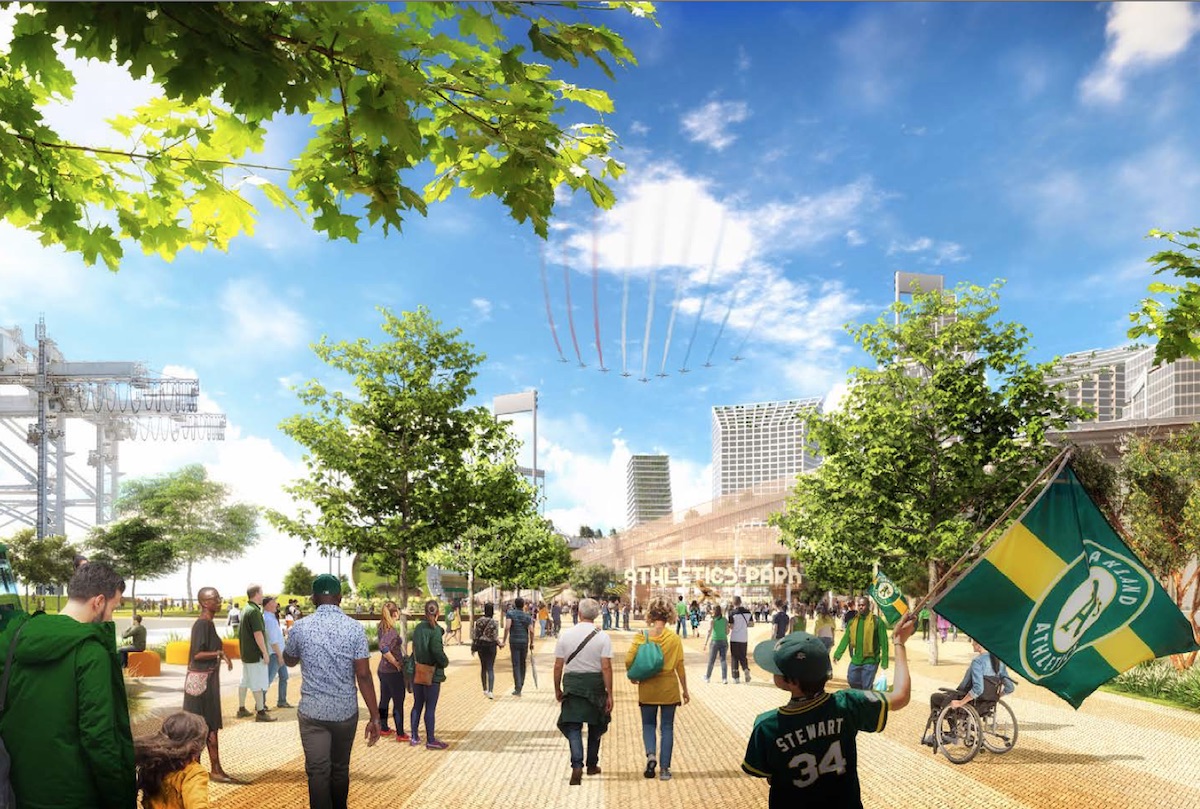 An illustration shows pedestrians accessing the proposed new A's ballpark at Howard Terminal on foot.