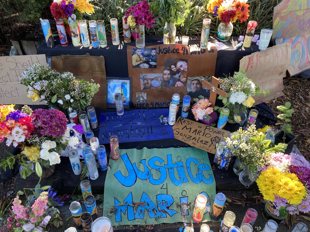 A memorial to Mario Gonzalez set up in the park in Alameda where he was killed by police.
