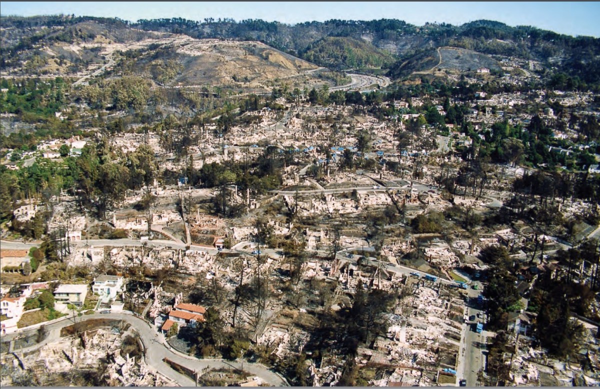 An aerial photo showing damage to the Oakland Hills following the 1991 firestorm