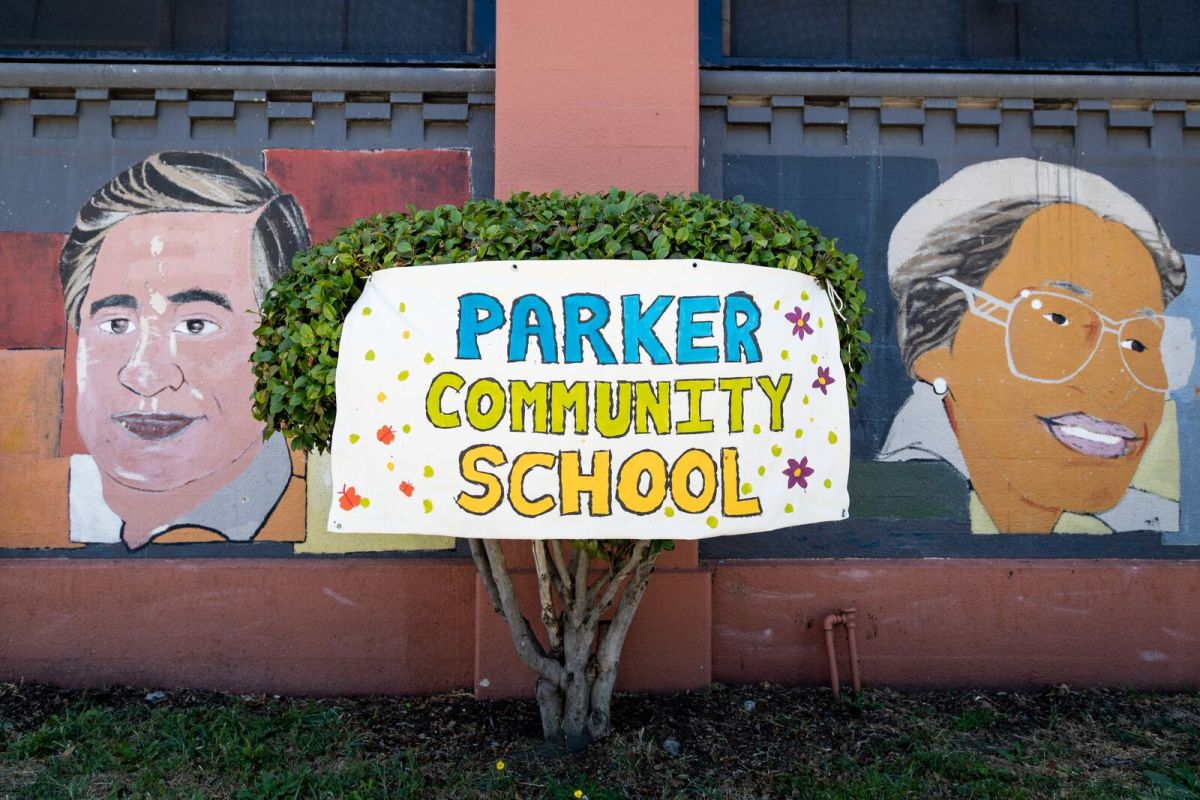 parker community school banner in between a mural on campus