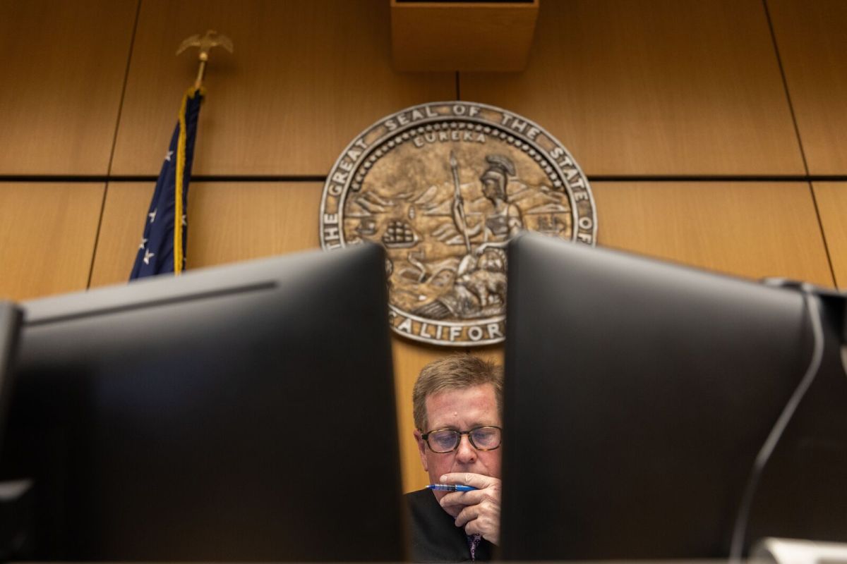 Judge Greg Syren of the Superior Court of Alameda County in California presides in the empty courtroom taking place virtually at Wiley W. Manuel Courthouse in Oakland on Feb 21, 2023.
