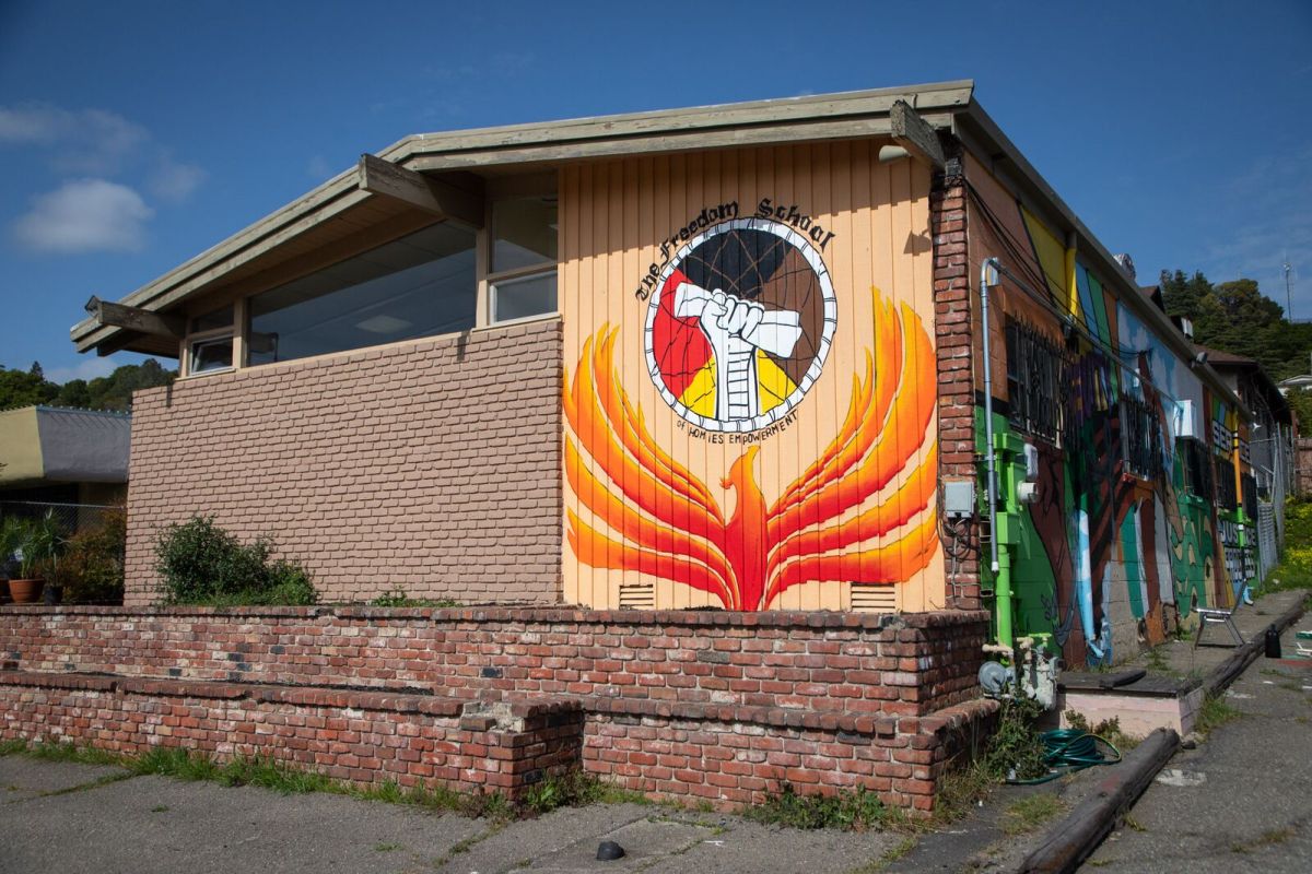 a brick building with a mural on one wall, and a logo of a hand holding a diploma, on top of a medicine wheel and a phoenix faces the front