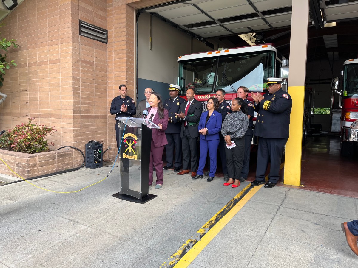10 men and women stand in front of a fire engine during a press conference. Mayor Sheng Thao stands before a lectern in a purple suit, smiling.