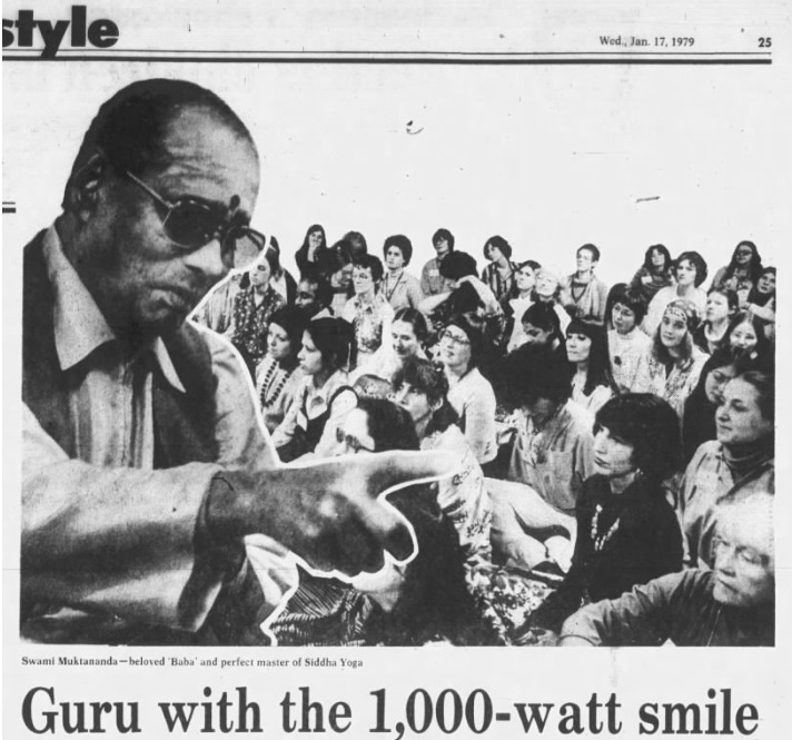 Newspaper clipping with the headline "Guru with the 1,000-watt smile." An older Indian man points at a crowd of younger people, mostly white women, some in hippie-style clothes.
