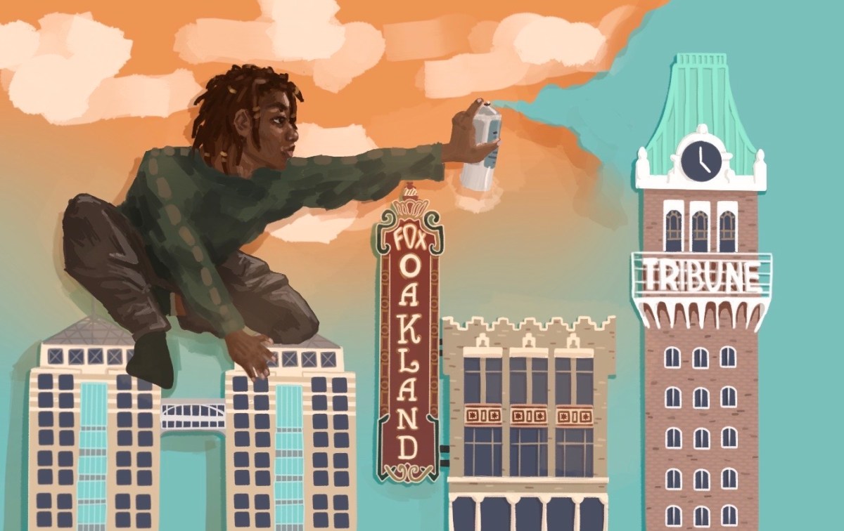 Drawing of a young Black woman crouching on significant buildings in Oakland, pointing a can of spray paint.