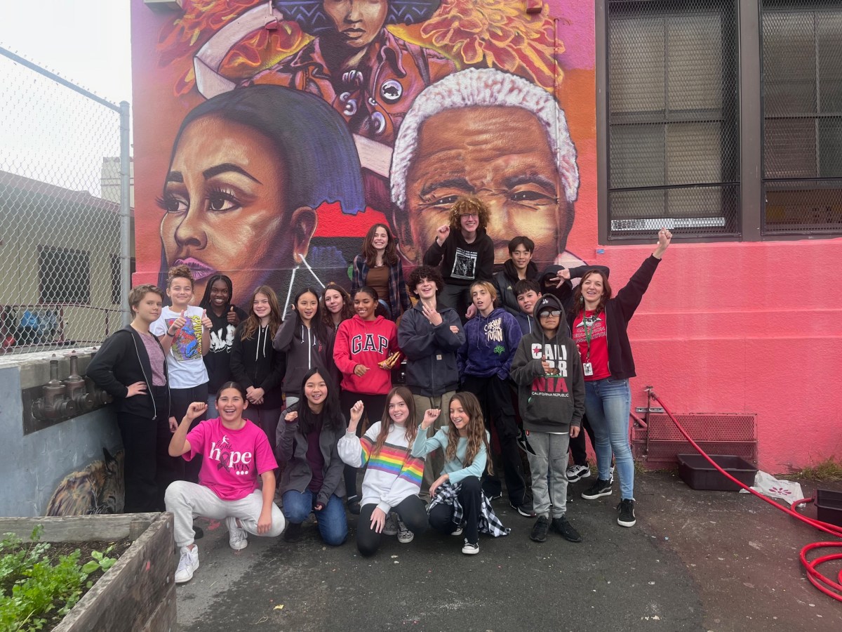 A group of students in front of a large mural at a school