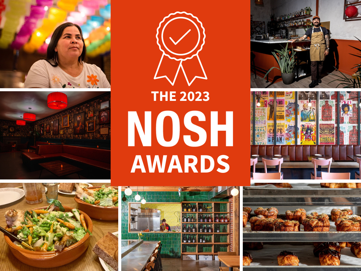Graphic with various food and restaurant photos and text reading "The 2023 Nosh Awards"
